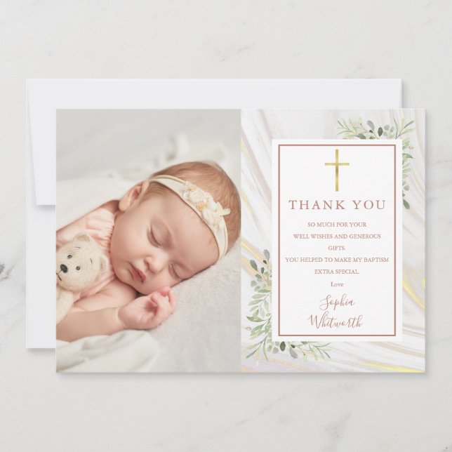 Carte De Remerciements Baptême Christening Verdure Rose Gold Photo (Devant)
