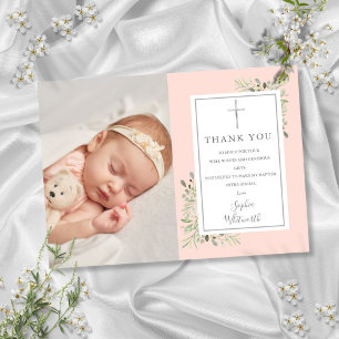 Carte De Remerciements Baptême Christening Verdure Rose Pâle Photo