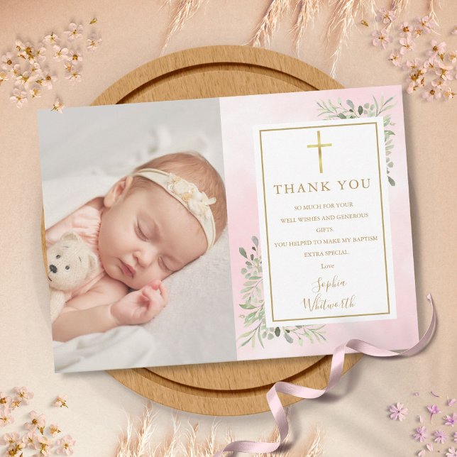 Carte De Remerciements Baptême Christening Vert Photo Aquarelle rose (Baptism Christening Greenery Photo Pink Watercolor Thank You Card)
