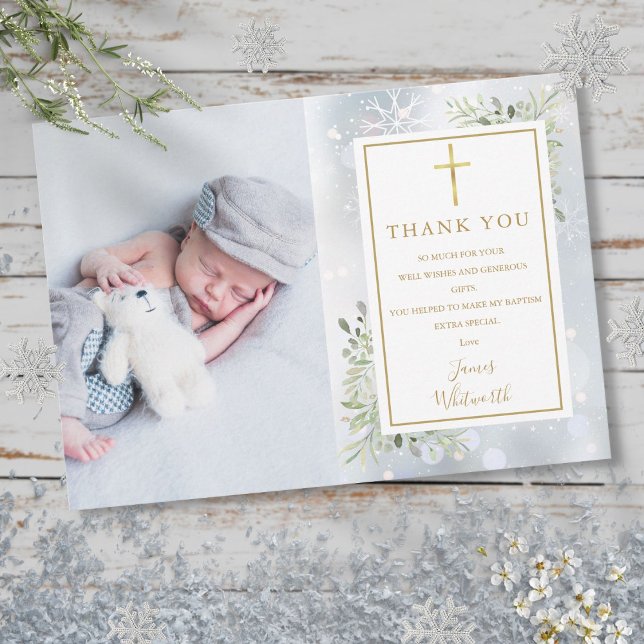 Carte De Remerciements Baptême Christening Winter Snowflakes Photo (Baptism Christening Winter Snowflakes Photo Thank You Card)