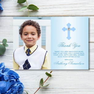 Carte De Remerciements Baptême Communion Confirmation Blue BOY PHOTO