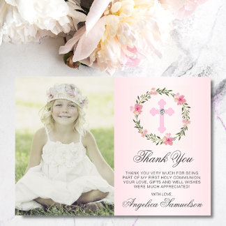 Carte De Remerciements Baptême Communion Confirmation Girl Floral PHOTO