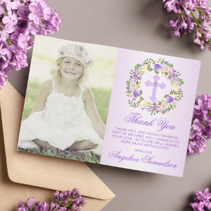 Carte De Remerciements Baptême Communion Confirmation Girl Purple PHOTO