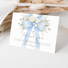 Carte De Remerciements Baptême de bébé garçon floral à ruban bleu
