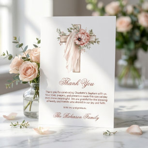 Carte De Remerciements Baptême de la croix florale rose tendre
