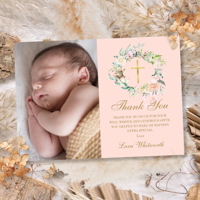 Carte De Remerciements Baptême de la Garland rose vif (Blush Pink Floral Garland Baptism Photo Thank You Card)