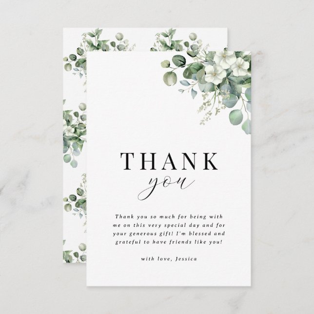 Carte De Remerciements Baptême de mariage floral à l'aquarelle Eucalyptus (Devant / Derrière)