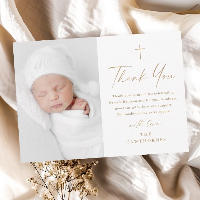 Carte De Remerciements Baptême de photo de croix dorée de script élégant  (Modern elegant script gold  baby photo baptism thank you cad.)