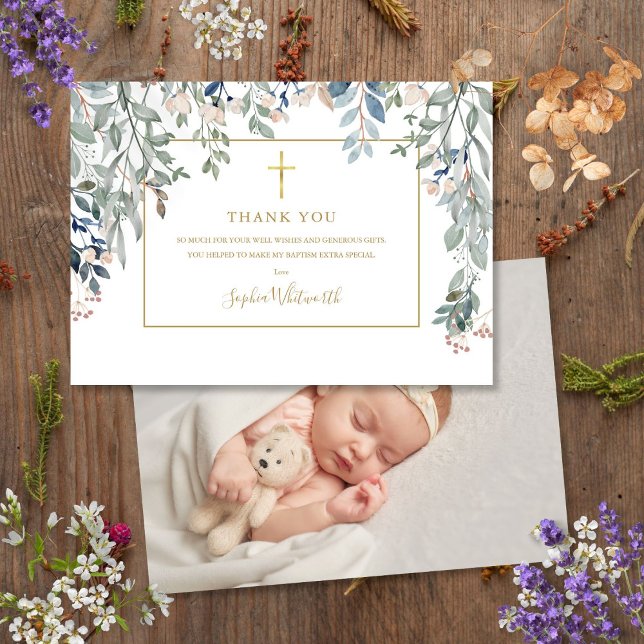 Carte De Remerciements Baptême d'or Christening Photo Foliage d'or (Gold Baptism Christening Photo Foliage Gold Thank You Card)