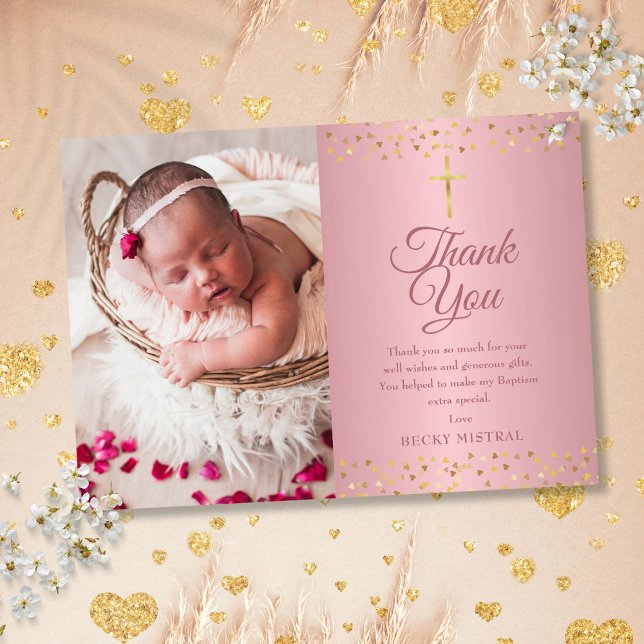Carte De Remerciements Baptême d'or rose Coeurs de baptême Photo (Rose Gold Baptism Christening Hearts Photo Thank You Card)