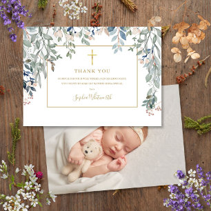 Carte De Remerciements Baptême doré Christening Photo Feuillage Or