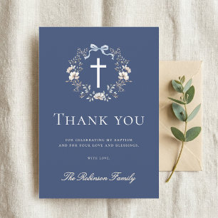 Carte De Remerciements Baptême élégant croix florale bleu marine