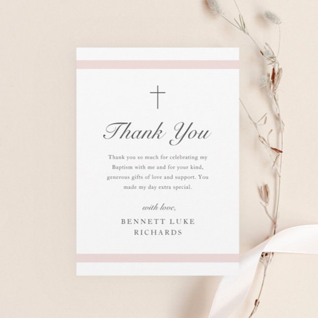 Carte De Remerciements Baptême Fille Élégance Moderne (Modern girls baptism thank you card with pink bars and elegant script typography with minimal cross.)