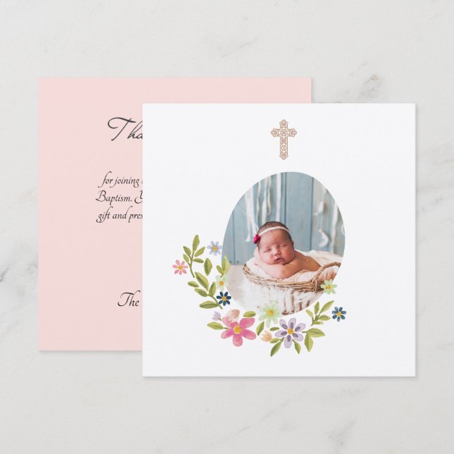 Carte De Remerciements Baptême Fleur rose tendre  (Devant / Derrière)
