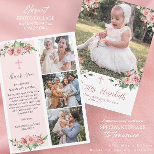Carte De Remerciements Baptême Floral rose pour filles