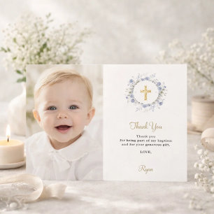 Carte De Remerciements Baptême florales bleues photo garçon