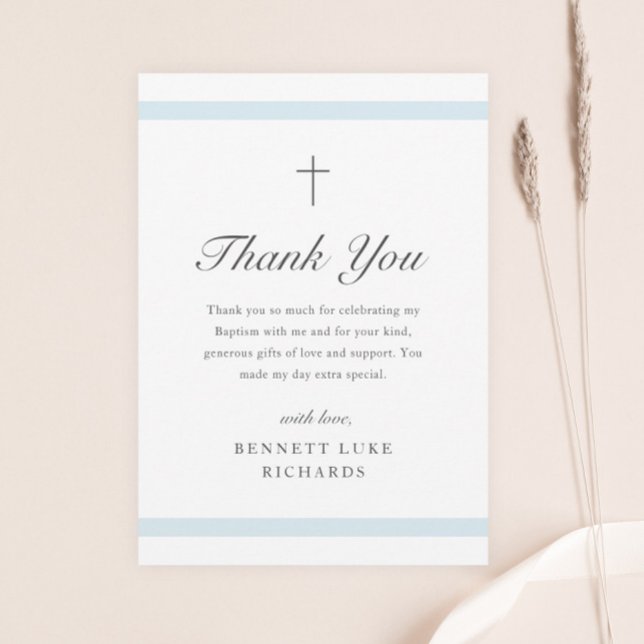 Carte De Remerciements Baptême Garçon Élégance Moderne (Simple script baptism thank you card with light blue cards and minimal religious cross.)