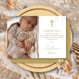 Carte De Remerciements Baptême moderne photo or écriture Christening