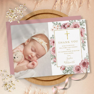 Carte De Remerciements Baptême Ondoiement Fleurs Rose Poussiéreux Photo
