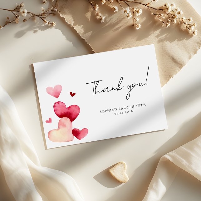 Carte De Remerciements Baptême Romantique de coeurs à l'aquarelle moderne (Créateur téléchargé)