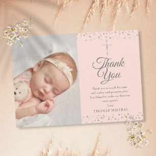 Carte De Remerciements Baptême Rose Élégant Cœurs Argent Photo