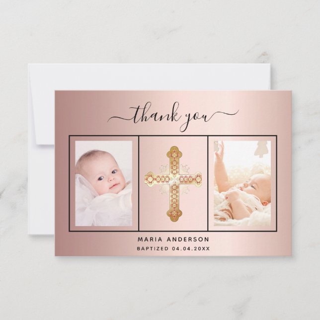 Carte De Remerciements Baptême rose or blush photo script fille (Devant)