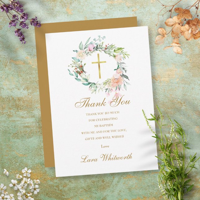 Carte De Remerciements Baptême Roses Fleuris Or Script (Créateur téléchargé)