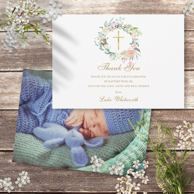 Carte De Remerciements Baptême Roses Fleuris Photo Or (Baptism Christening Roses Floral Photo Gold Thank You Card)