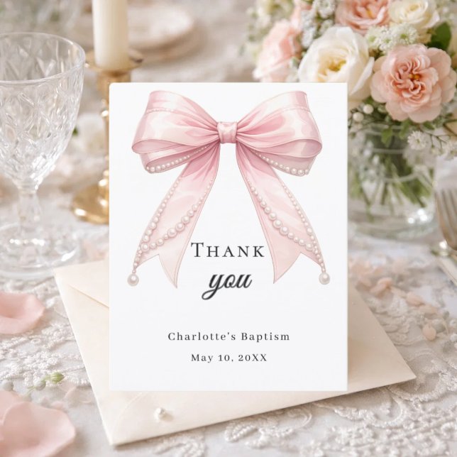Carte De Remerciements Baptême ruban rose perles (Créateur téléchargé)