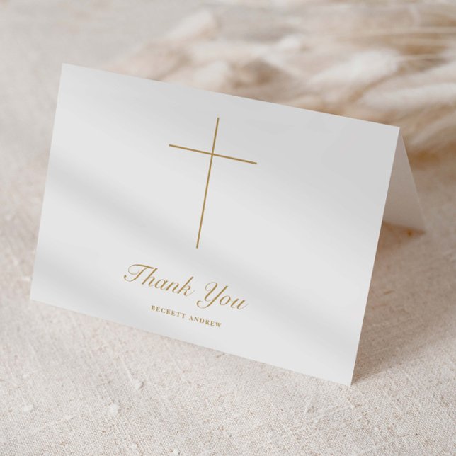 Carte De Remerciements Baptême simple croix d'or écriture (Elegant, simple cross religious baptism folded thank you cards.)