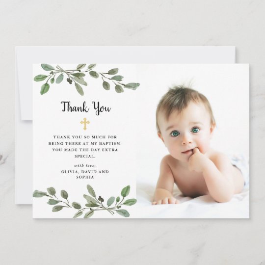 Carte De Remerciements Bapteme Simple De Photo De Verdure Et D Or Zazzle Fr