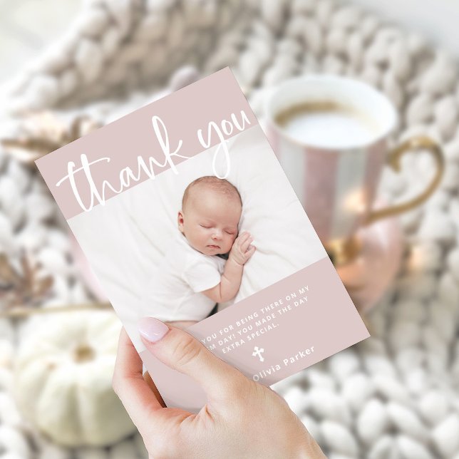Carte De Remerciements Baptême | Simple rose minime avec photo (An elegant, blush pink Baptism thank you card with photo and a cross)
