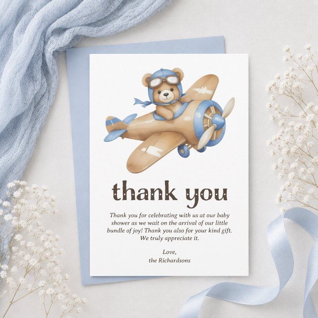Carte De Remerciements Baptême Teddy Bear Pilot Boy (cute whimsical teddy bear pilot baby boy shower thank you card with personalized message)