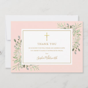 Carte De Remerciements Baptême Verdure Or Et Rose Blush Photo