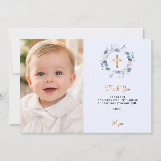 Carte De Remerciements Baptism blue florals photo boy gold cross (Devant)