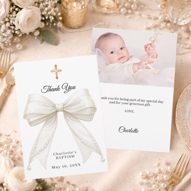 Carte De Remerciements Baptism bow white ivory pearls photo (Créateur téléchargé)