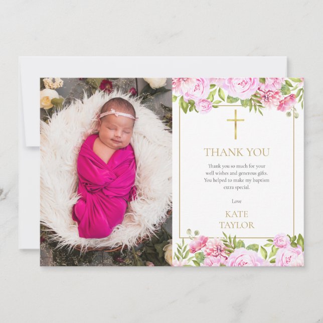 Carte De Remerciements  Baptism Christening Photo Pink Rose Floral (Devant)