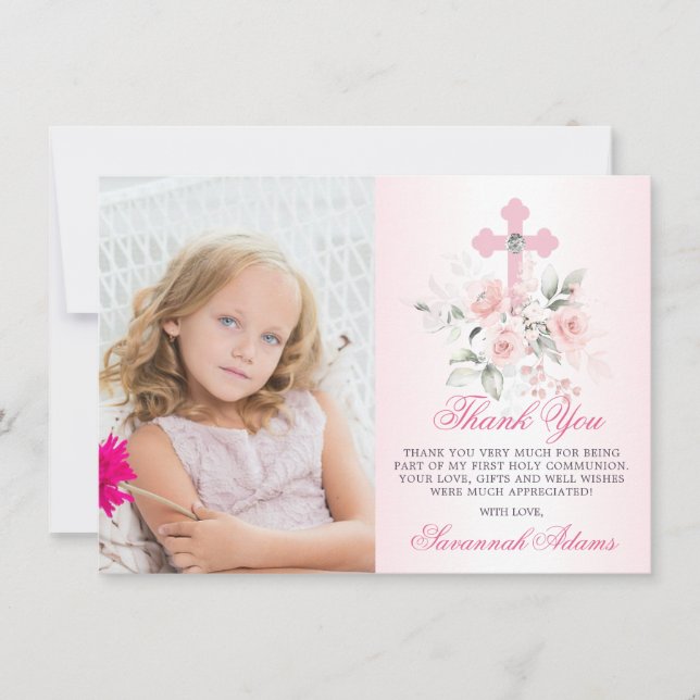 Carte De Remerciements Baptism Communion Confirmation Girl Floral PHOTO (Devant)