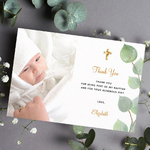 Carte De Remerciements Baptism eucalyptus custom photo white gold