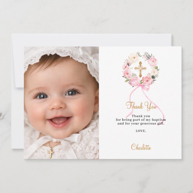 Carte De Remerciements Baptism pink florals wreath bow photo girl (Devant)