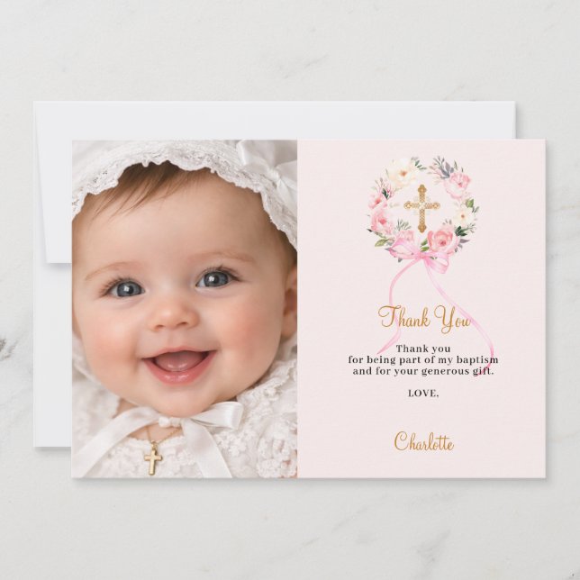 Carte De Remerciements Baptism pink florals wreath bow photo girl (Devant)