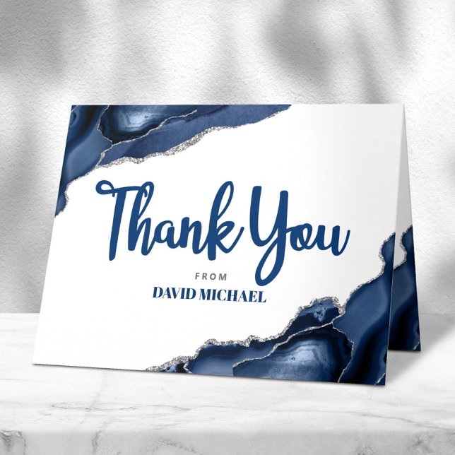 Carte De Remerciements Bar Mitzvah Agate Bleu Marine Écriture Simple Mini (Créateur téléchargé)