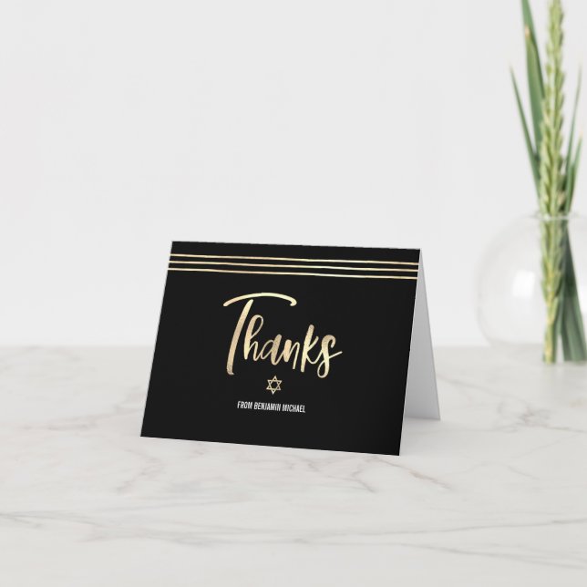 Carte De Remerciements Bar Mitzvah Black Gold Foil Script Tallit Moderne (Devant)