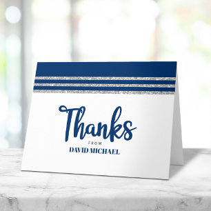 Carte De Remerciements Bar Mitzvah Modern Navy Blue Silver Tallit Script