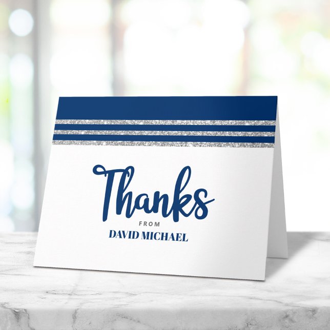 Carte De Remerciements Bar Mitzvah Modern Navy Blue Silver Tallit Script (Créateur téléchargé)