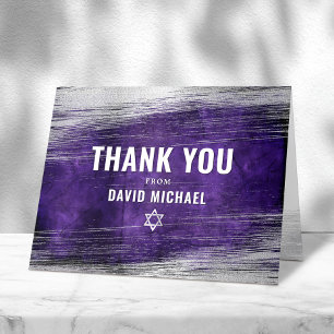 Carte De Remerciements Bar Mitzvah Moderne Violet Aquarelle Feuille d'Arg