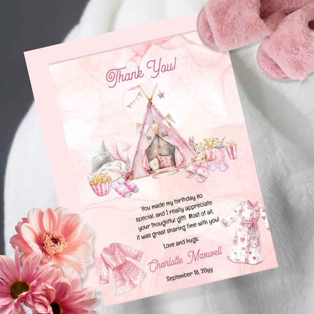 Carte De Remerciements Barbe à papa rose et pyjama Soirée anniversaire py (Pink Popcorn and Pajamas  Slumber | Sleepover Birthday Party Thank You Card)