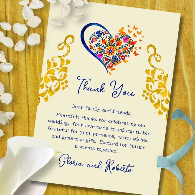 Carte De Remerciements Baroque Floral Heart & Gold Mexican Wedding  (Golden baroque scrolls frame a vivid floral heart—an elegant blend of color and gratitude.)