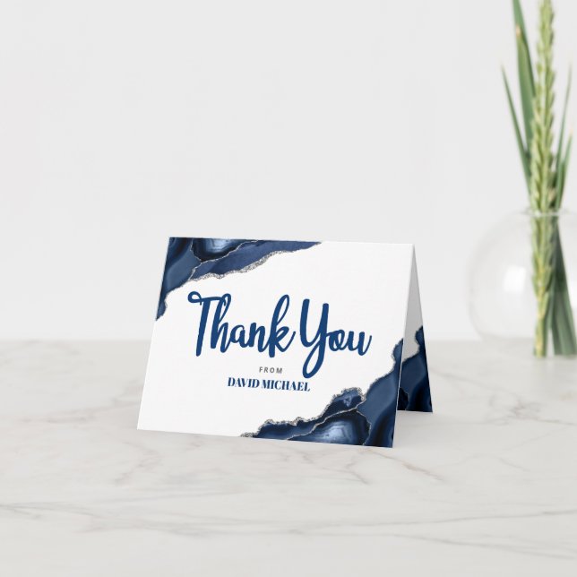Carte De Remerciements Barre Mitzvah Marine Bleu Agate Script Simple Mini (Devant)