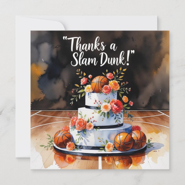 Carte De Remerciements Basket-ball avec gâteau et fleurs (Devant)